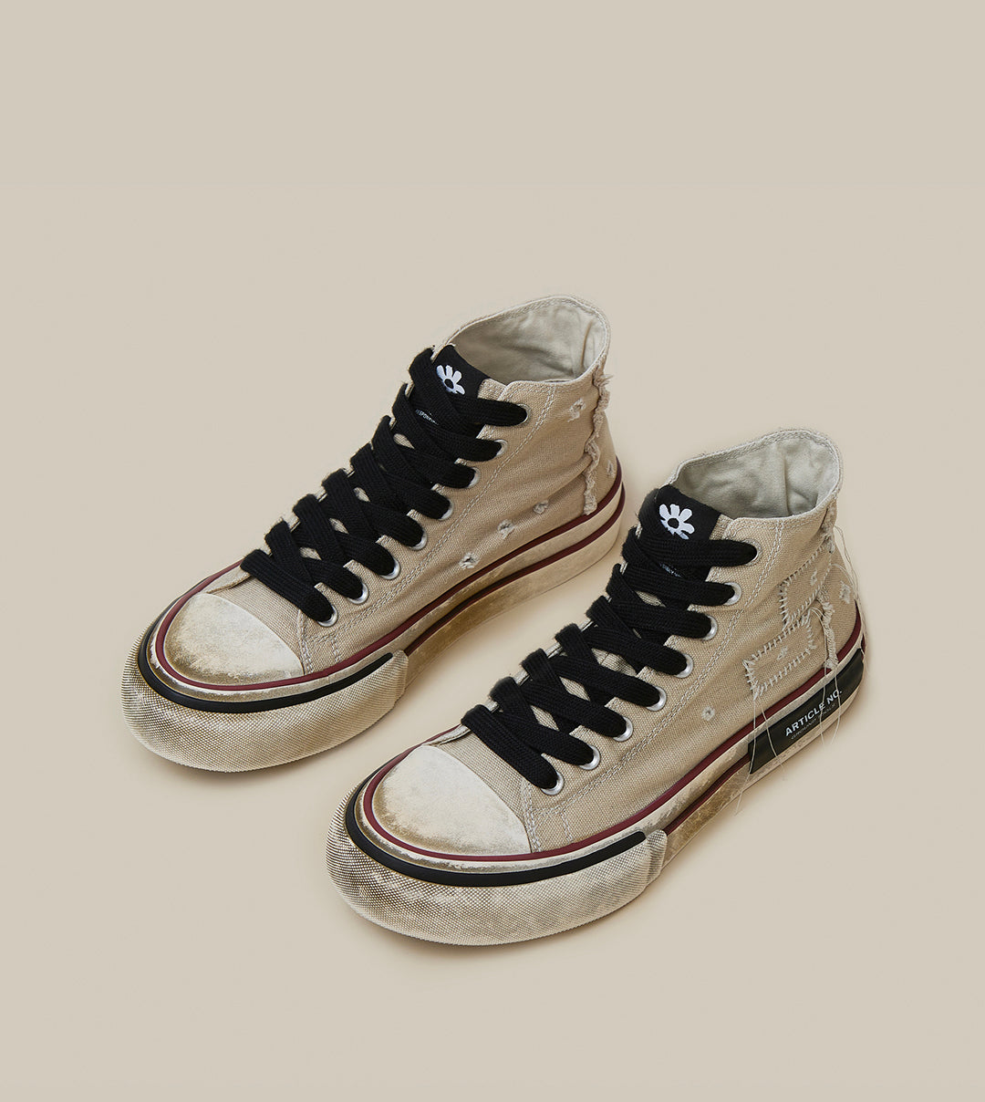 DISTRESSED PATCHWORK HIGH-TOP BEIGE SNEAKERS