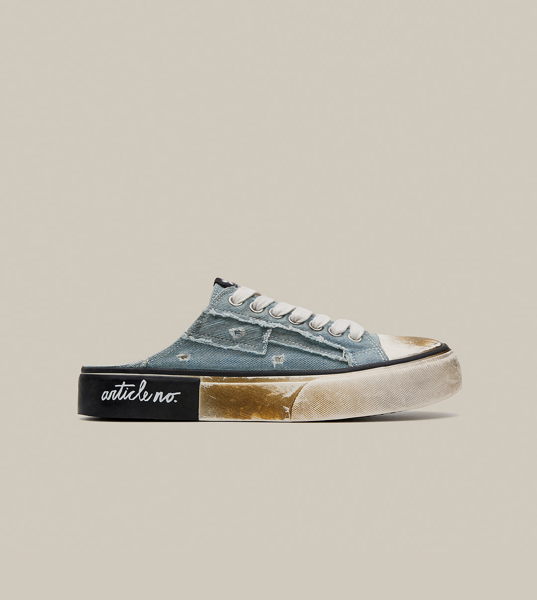 DISTRESSED DENIM DIRTY PATCHWORK SLIP-ON MULE VULCANIZED