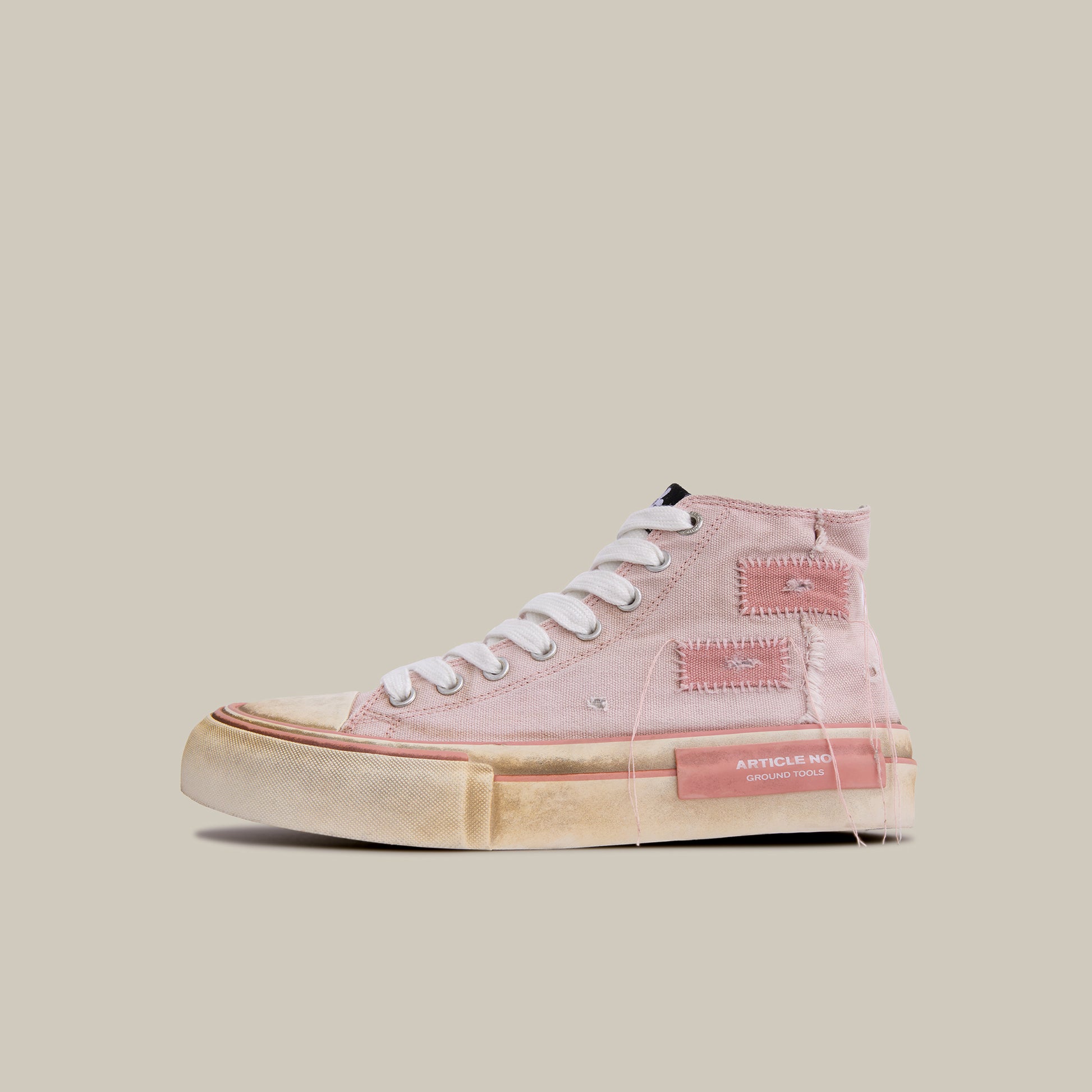 DISTRESSED PATCHWORK CANVAS PINK HI-TOP SNEAKERS