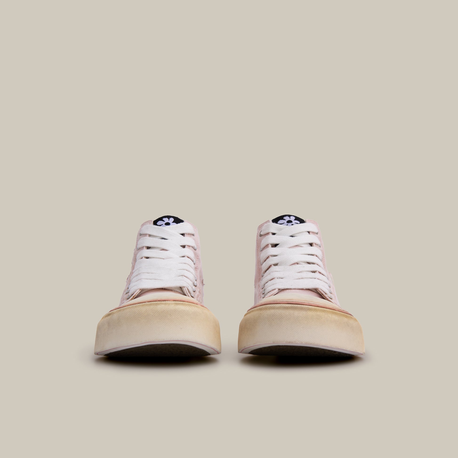 DISTRESSED PATCHWORK CANVAS PINK HI-TOP SNEAKERS