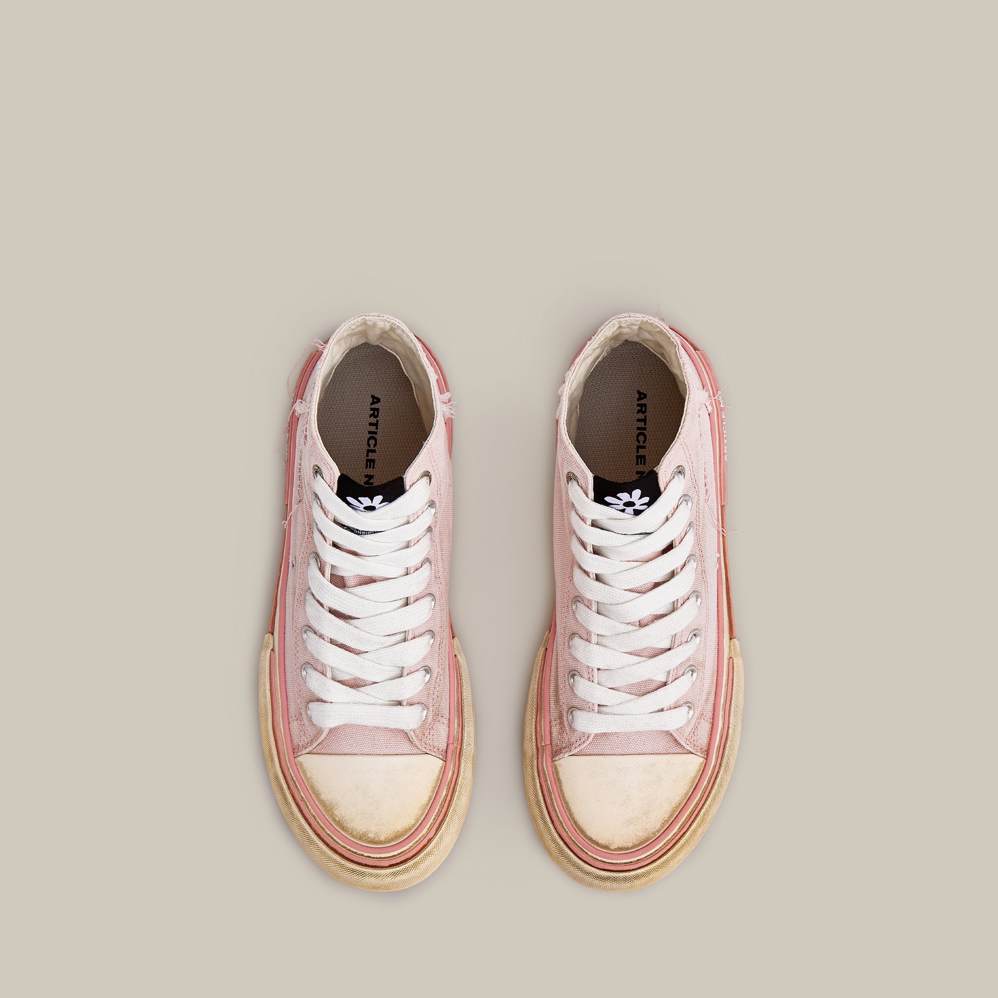 DISTRESSED PATCHWORK CANVAS PINK HI-TOP SNEAKERS