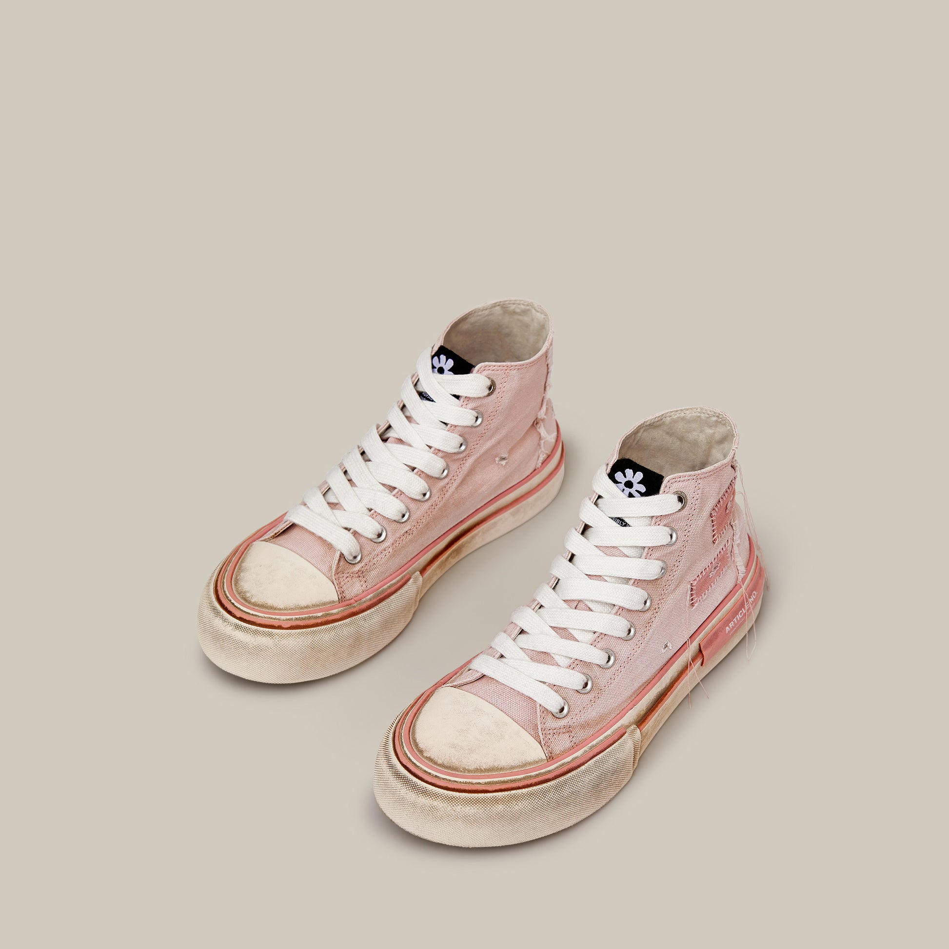 DISTRESSED PATCHWORK CANVAS PINK HI-TOP SNEAKERS