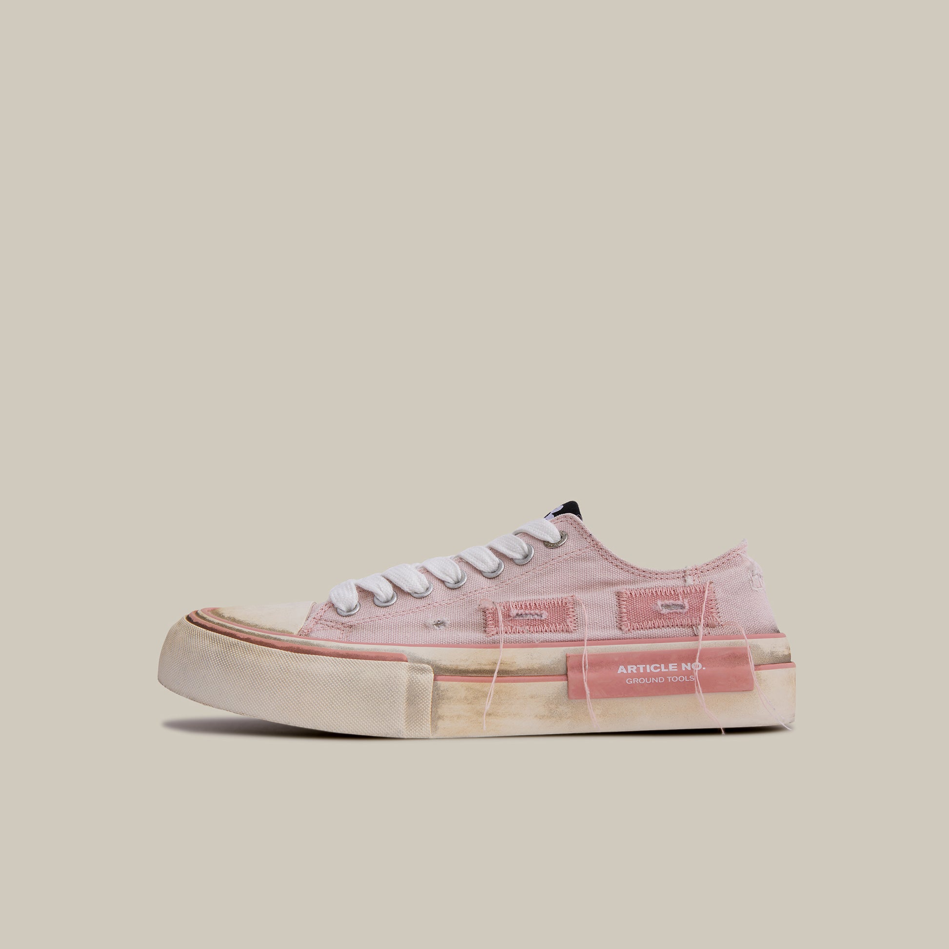 DISTRESSED PATCHWORK CANVAS PINK LOW-TOP SNEAKERS