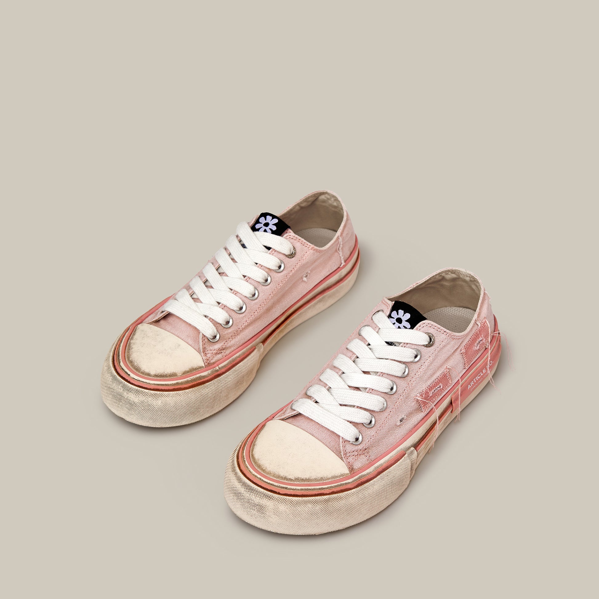DISTRESSED PATCHWORK CANVAS PINK LOW-TOP SNEAKERS