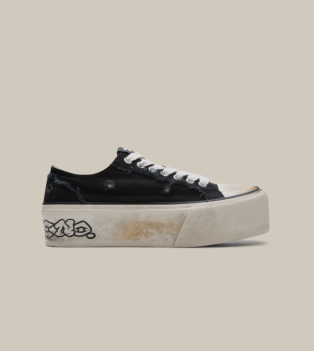 DISTRESSED BLACK DIRTY GRAFFITI CANVAS PLATFORM LOW-TOP