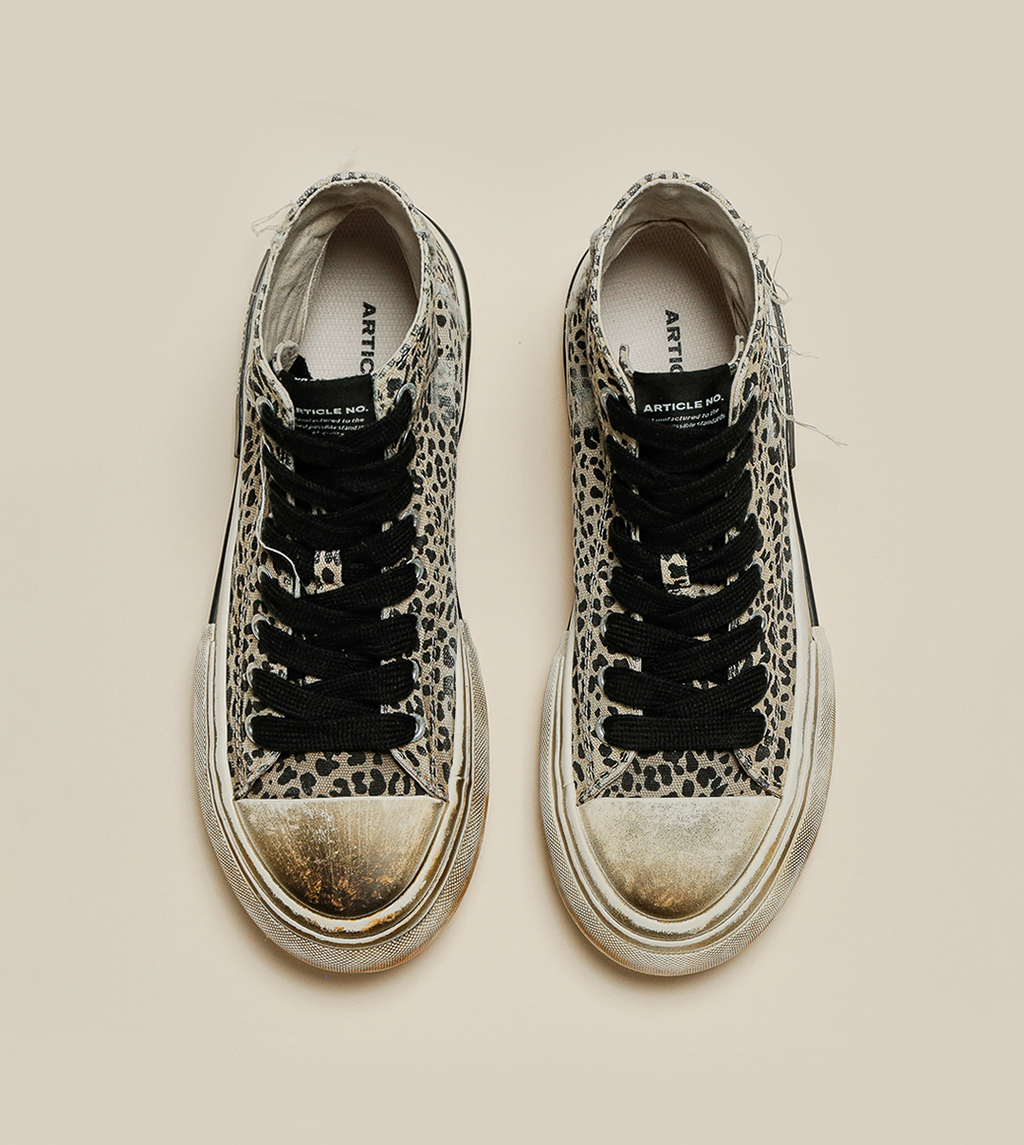 DISTRESSED PATCHWORK HIGH-TOP CHEETAH SNEAKERS