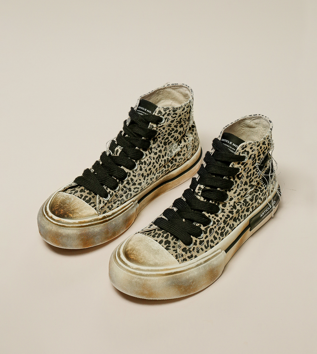 DISTRESSED PATCHWORK HIGH-TOP CHEETAH SNEAKERS