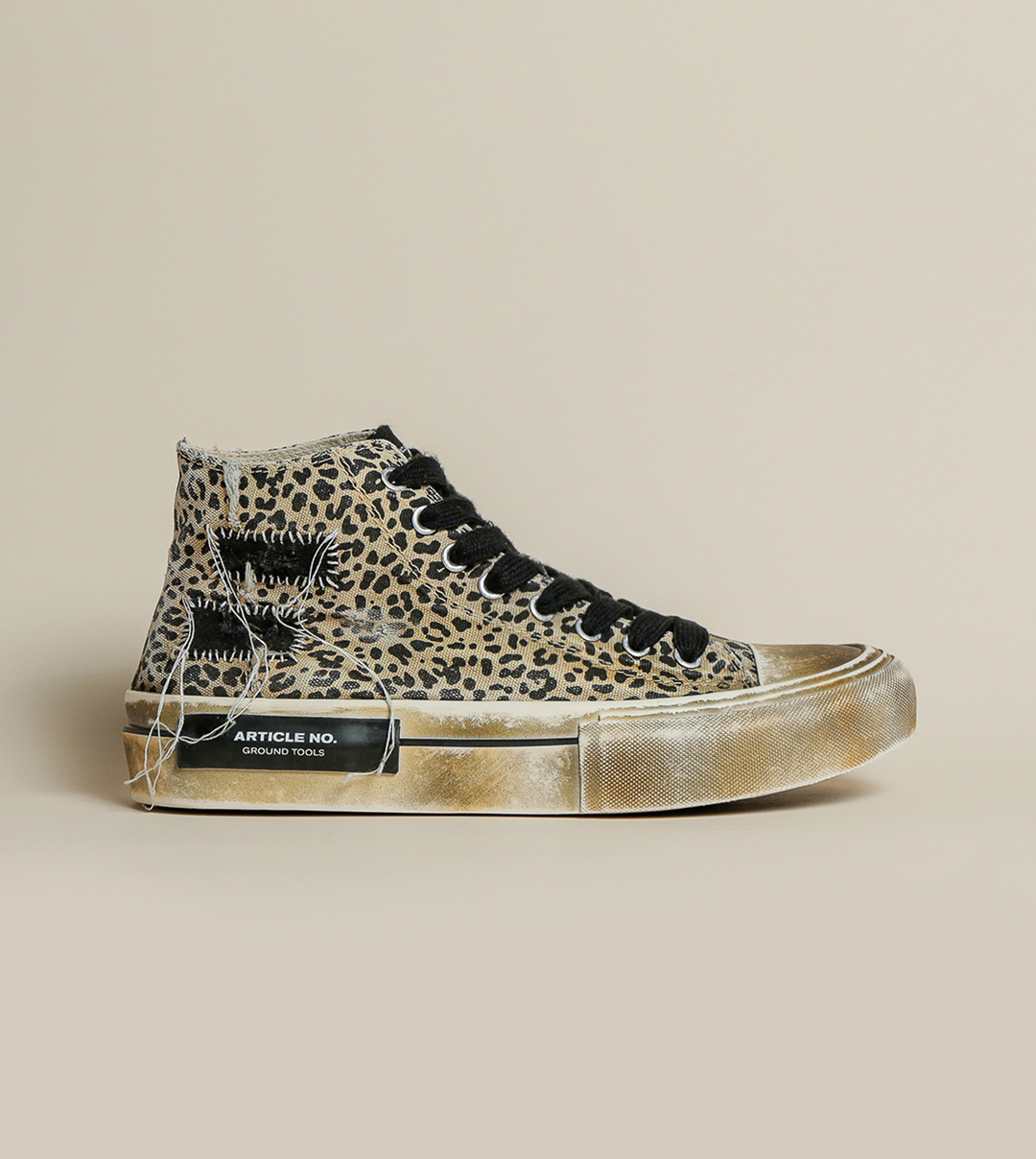 DISTRESSED PATCHWORK HIGH-TOP CHEETAH SNEAKERS