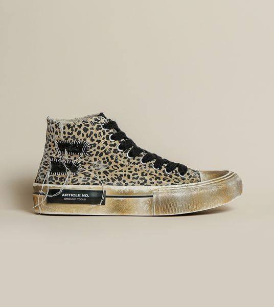 DISTRESSED PATCHWORK HIGH-TOP CHEETAH SNEAKERS