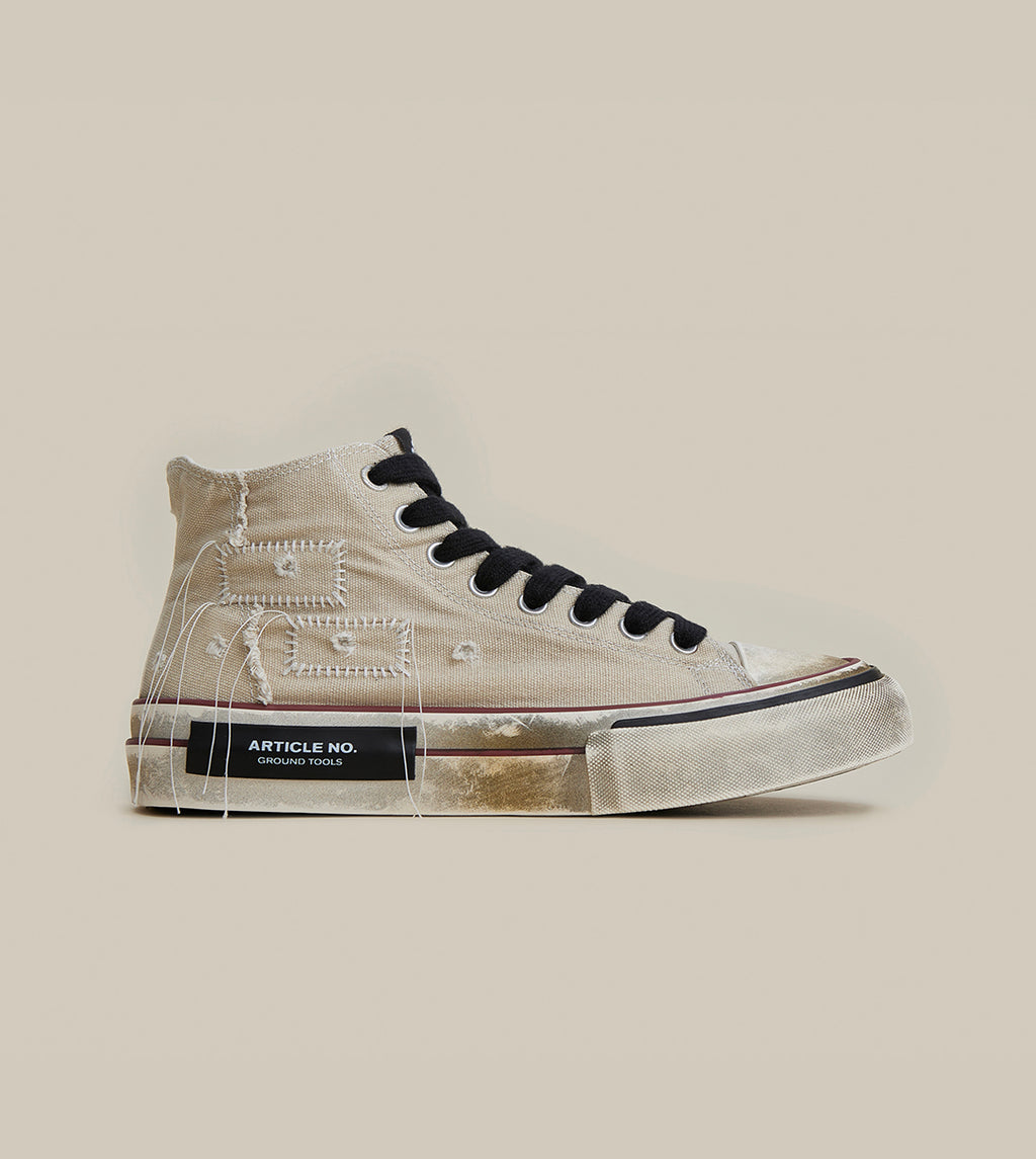 DISTRESSED PATCHWORK HIGH-TOP BEIGE SNEAKERS