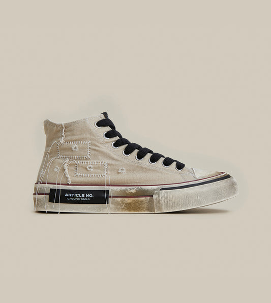 DISTRESSED PATCHWORK HIGH-TOP BEIGE SNEAKERS