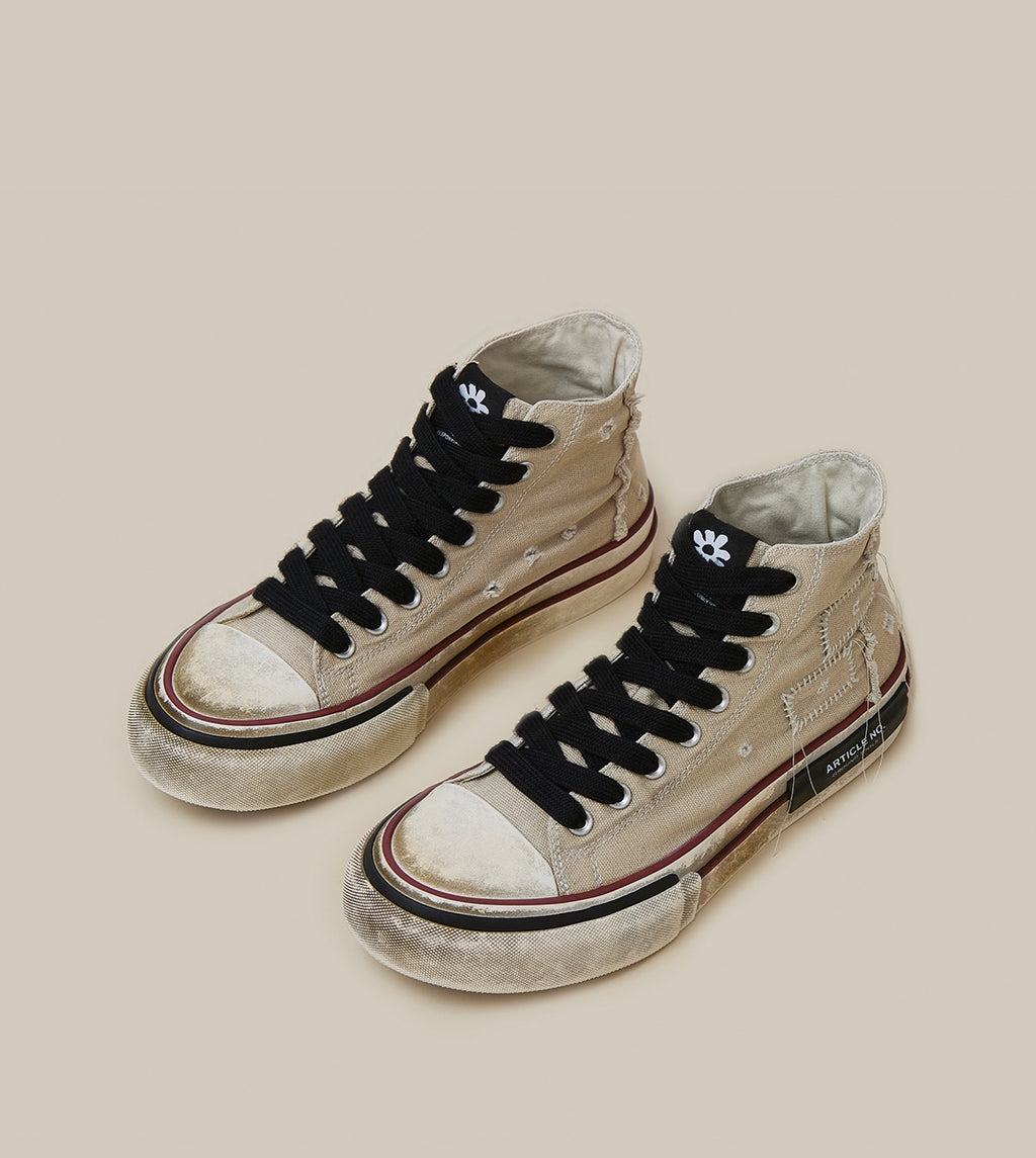 DISTRESSED PATCHWORK HIGH-TOP BEIGE SNEAKERS
