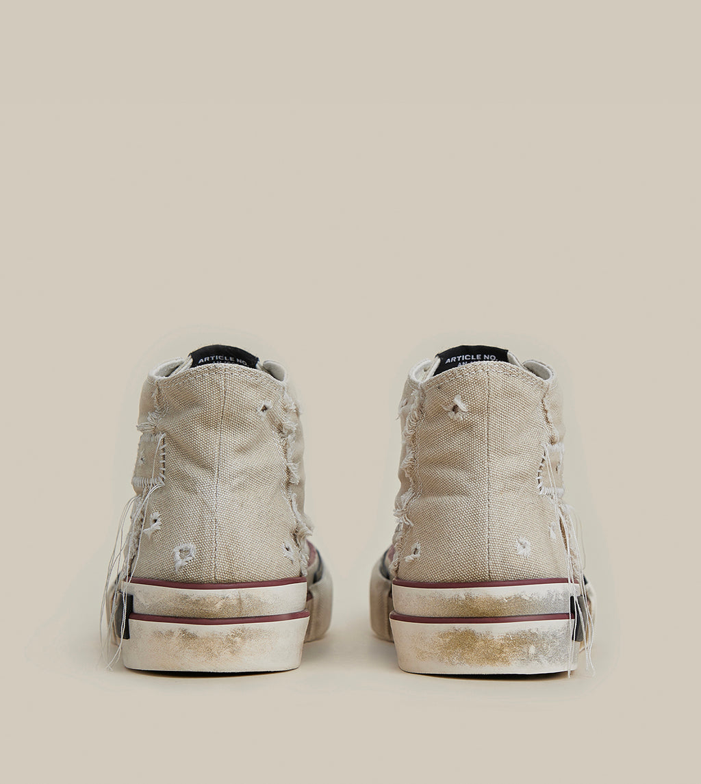 DISTRESSED PATCHWORK HIGH-TOP BEIGE SNEAKERS