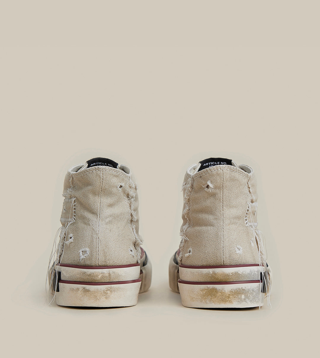 DISTRESSED PATCHWORK HIGH-TOP BEIGE SNEAKERS