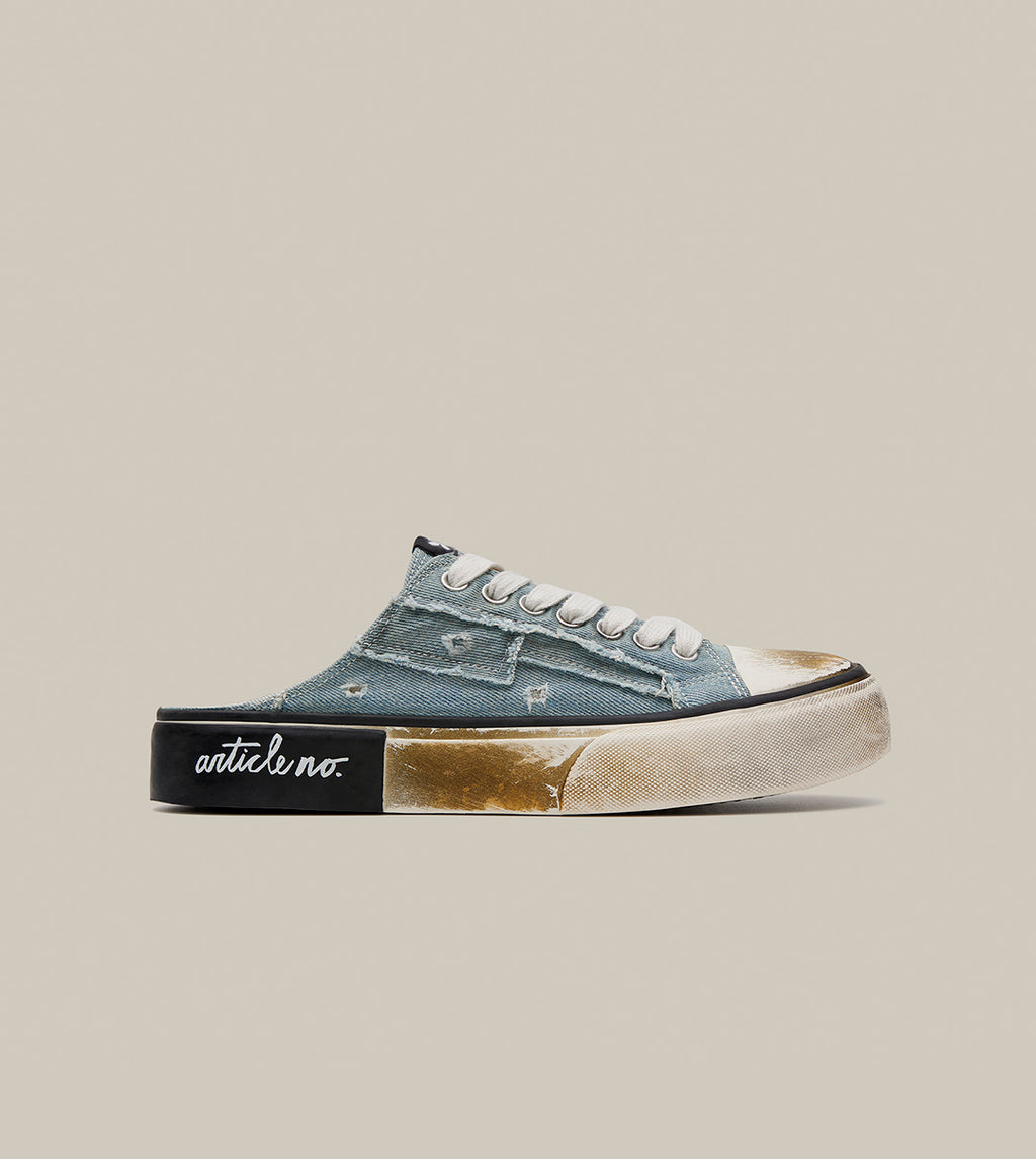 DISTRESSED DENIM DIRTY PATCHWORK SLIP-ON MULE VULCANIZED