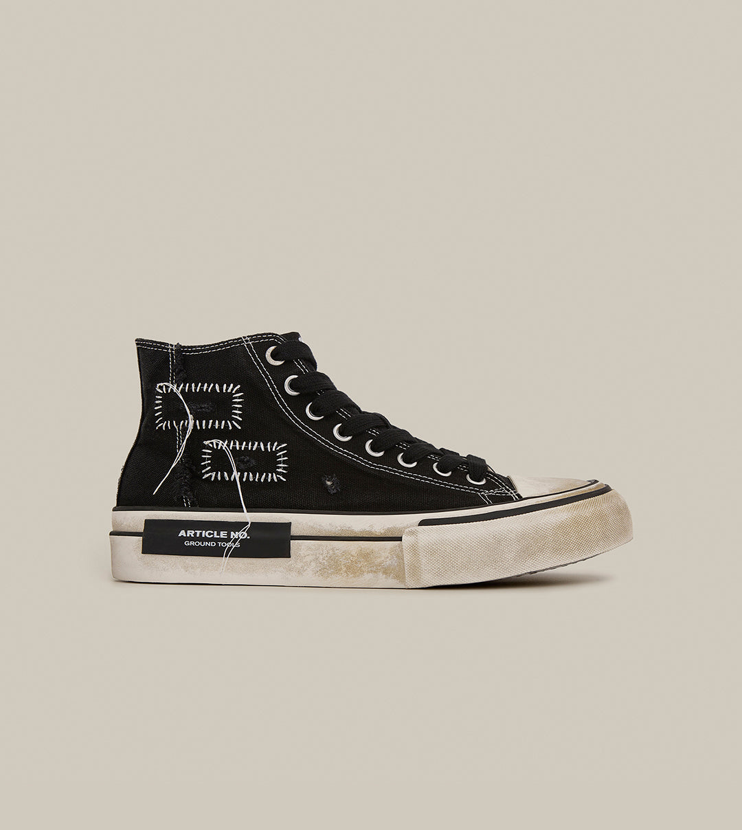 DISTRESSED HI-TOP PATCHWORK BLACK SNEAKERS