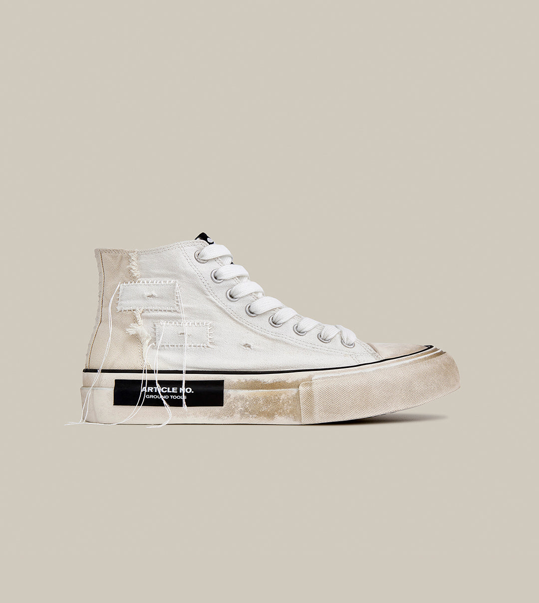 DISTRESSED HI-TOP PATCHWORK WHITE SNEAKERS