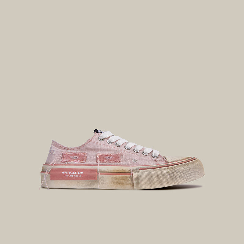 DISTRESSED PATCHWORK CANVAS PINK LOW-TOP SNEAKERS