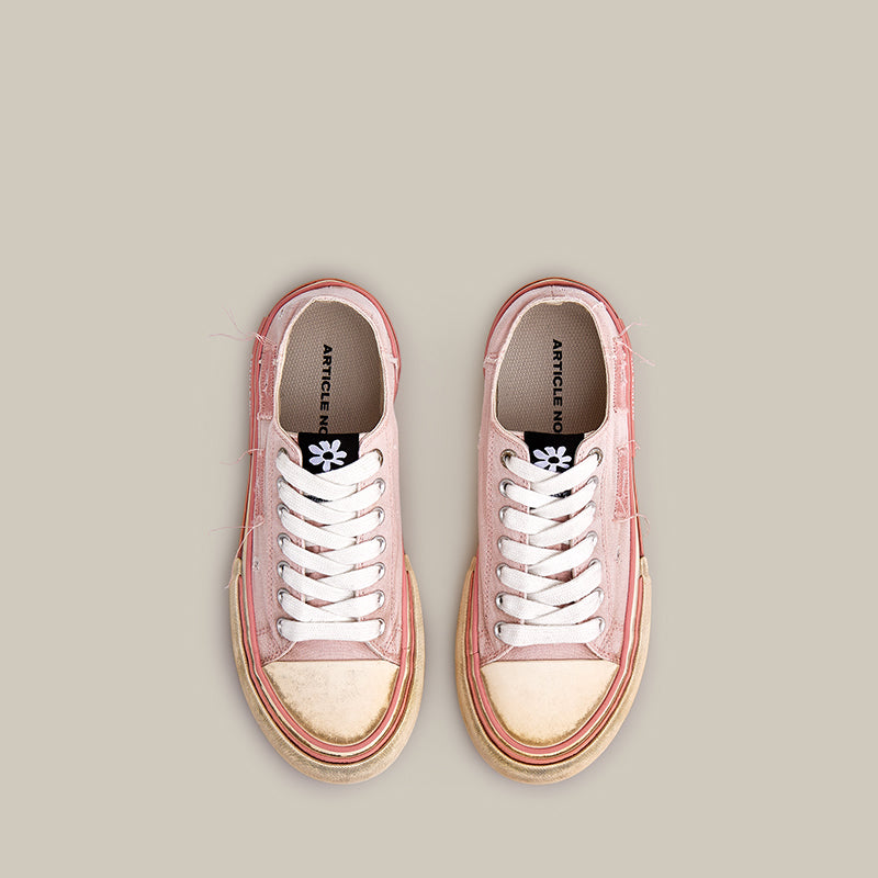 DISTRESSED PATCHWORK CANVAS PINK LOW-TOP SNEAKERS